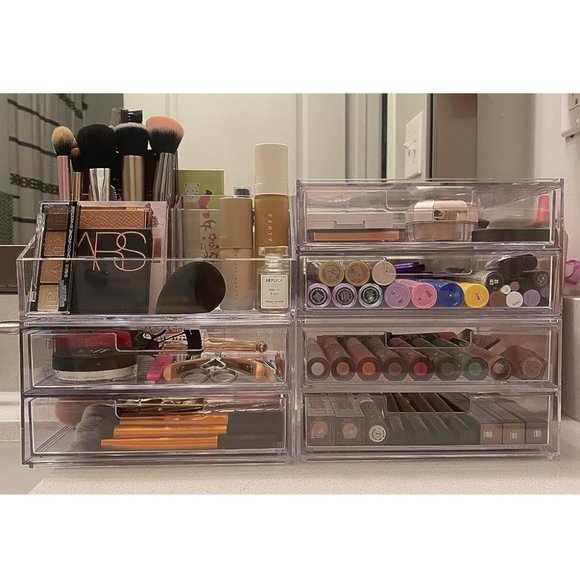 Chloe Stackable Clear Makeup Holder and Double Drawer Cosmetics Organizer Set - Picture 3 of 10